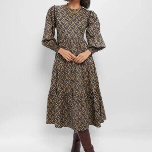 NEW Tuckernuck Hyacinth House Navy & Tan Floral Anja Midi Dress